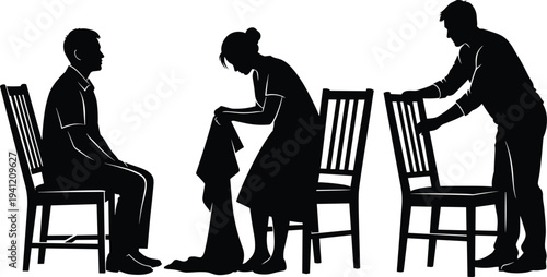 Silhouette illustration of people interacting with chairs, sitting, cleaning, arranging furniture in domestic everyday activity scene – flavector