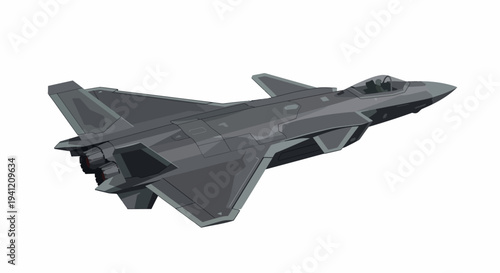 Military jet aircraft flies through clear sky with sharp angles