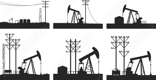 Oil pump jack silhouette illustration, energy production infrastructure, industrial machinery, electrical power lines, petroleum extraction, fuel industry, energy resources