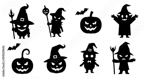 Witches and pumpkins set with Halloween silhouettes and symbols featuring witch, pumpkin, silhouette with black and