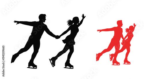 Silhouettes of ice skaters in dynamic poses depicting pairs skating movement