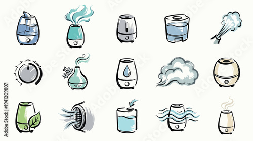 Collection of stylized illustrations of various humidifiers and diffusers emitting mist and vapor.