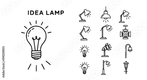 Lamps line art set with various desk lamps and light bulbs featuring lighting, illustration, icons with simple and