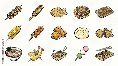 A vibrant collection of Japanese street food and snacks, showcasing a variety of delicious treats.