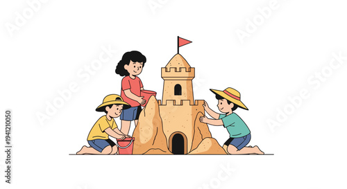 Three young children two boys and a girl are collaboratively and enthusiastically constructing a large elaborate sandcastle with a red flag, Generative AI.