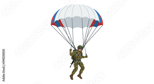Military soldier parachuting down with a colorful parachute in the air