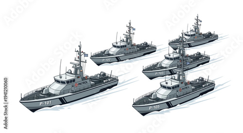 Fleet of warships sailing in formation, viewed from above, with speed motion blur