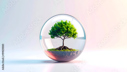 Green tree growing inside glass sphere on gradient background in an environmental concept