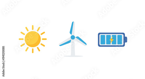 Renewable Energy Sources Icons - Solar Wind Battery.