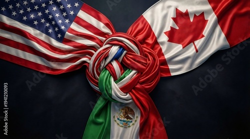 Trilateral knot of USA Canada and Mexico flags representing North American trade alliance and USMCA