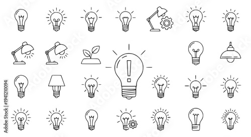 Light bulbs collection with various designs and concepts illustrated featuring idea, innovation, creativity with