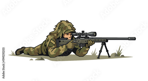 Sniper in camouflage gear lying prone aiming rifle from elevated vantage point illustration outdoors