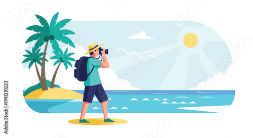 A cartoon man wearing a straw hat and backpack is standing on a tropical beach taking a photograph of the scenic ocean, Generative AI.