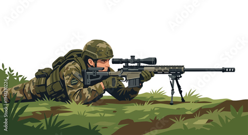 Soldier aiming sniper rifle in camouflage gear lying prone on grassy terrain