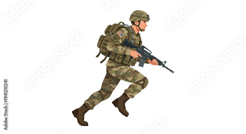 Soldier in camouflage gear running with rifle in a tactical operation illustration