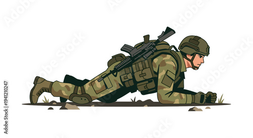 Soldier in camouflage gear doing push-ups with rifle on back in outdoor terrain