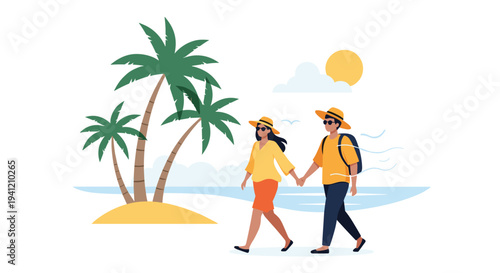 An illustrated couple dressed in summer attire and hats walks hand-in-hand along a sandy beach with palm trees and a bright sun overhead, Generative AI.