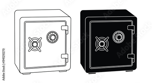 Two safes depicted in contrasting black and white line art styles