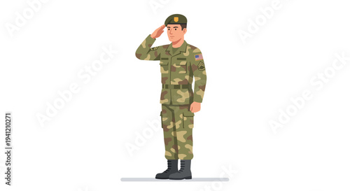 Digital illustration of a soldier saluting in camouflage uniform standing at attention