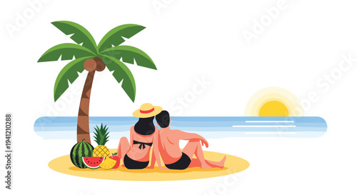 A couple sits on a sandy beach looking at a vibrant orange sunset over the blue ocean with a palm tree and fruits nearby, Generative AI.