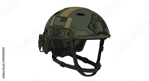 Military personnel wearing a green tactical helmet with chin strap