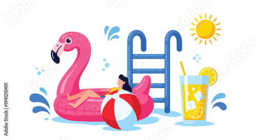 A woman is leisurely floating on a large pink flamingo raft in a swimming pool accompanied by a beach ball a pool ladder and a refreshing drink under the sun, Generative AI.
