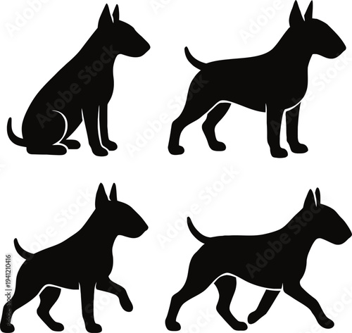 Bull Terrier dog silhouettes set