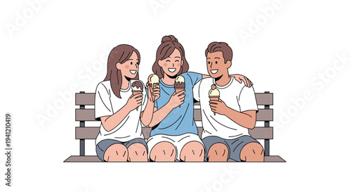Three cheerful young friends two women and one man are sitting together on a wooden bench happily enjoying ice cream cones, Generative AI.