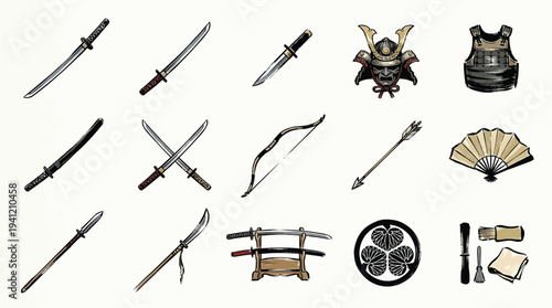 A collection of traditional Japanese samurai weapons, armor, and cultural artifacts, including swords, helmets, and fans, presented in a grid layout.