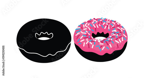 Two donuts presented one solid black the other pink with colorful sprinkles