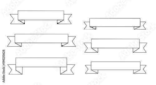 Banners ribbon set with black outline and folded corners featuring ribbons, labels, headers with footers and titles