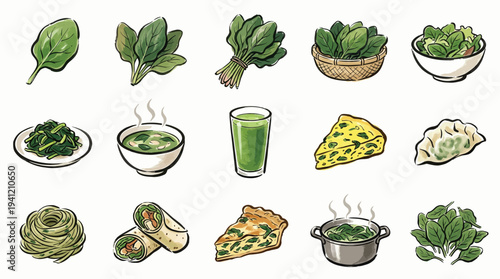 A vibrant collection of illustrations showcasing spinach in various forms, from fresh leaves to prepared dishes and beverages.