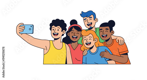 A diverse group of five smiling young adults huddle together taking a cheerful selfie with a blue smartphone against a plain white background, Generative AI.