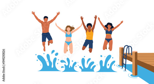 Four diverse individuals are energetically jumping into water creating large splashes next to a wooden dock with a ladder on a white background, Generative AI.