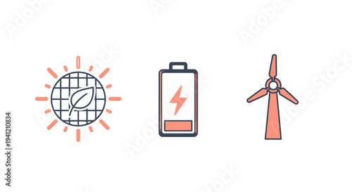 Renewable Energy Sources Icons - Solar Battery Wind.