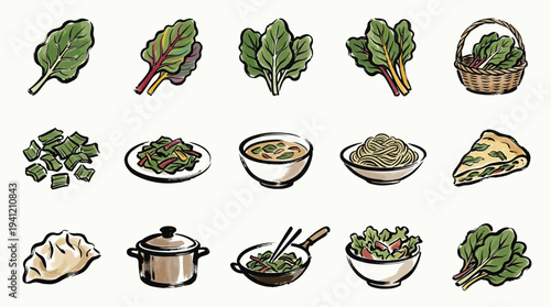 A vibrant illustration showcasing a variety of leafy green vegetables and dishes, including chard, spinach, and prepared meals.