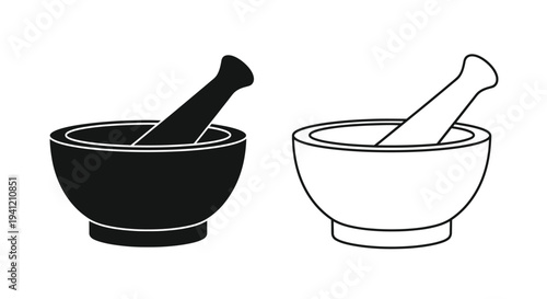 Two black and white depictions of a mortar and pestle