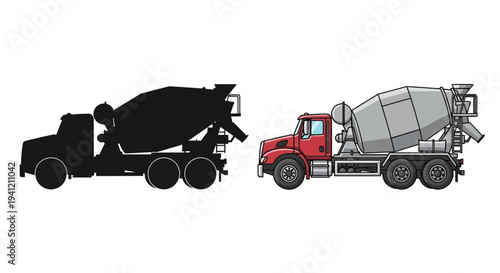Dual depiction of a red cement mixer truck colored and silhouette versions