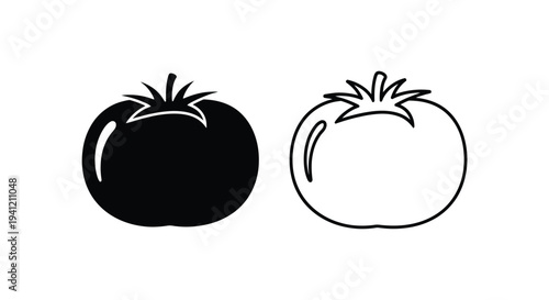 Two tomato illustrations one solid black the other a white outline