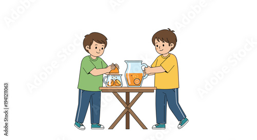 Two young boys are diligently making fresh orange juice at a small wooden table using a glass juicer and a large pitcher filled with orange slices on a clean white background, Generative AI.