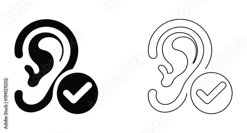 Personal hygiene ear icon with check mark for health awareness. Hearing and approval concept with ear and check mark icons. 
