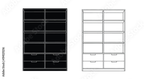 Black and white illustration of two identical bookshelves with drawers