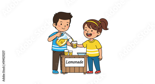 A boy in a striped shirt pours yellow lemonade from a pitcher into a glass for a smiling girl at a wooden lemonade stand, Generative AI.
