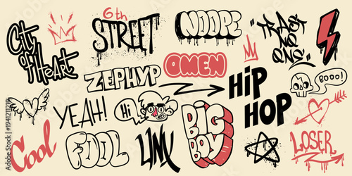 Street art doodles with rap music symbols, city graffiti tags, and urban spray paint elements in retro black red colors isolated on background. Artistic hip-hop culture vector patterns, wall design