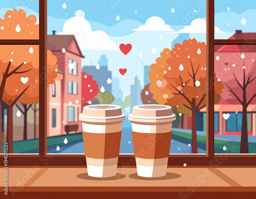 Coffee Cups Heart Rain Window