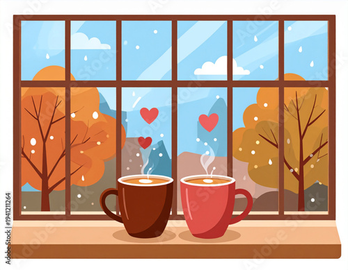 Coffee Cups Heart Rain Window