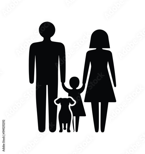 Vector icon set of a happy family with parents, child, and dog, depicted in solid silhouette and line art styles, symbolizing togetherness, home insurance, pet adoption, and household love. 