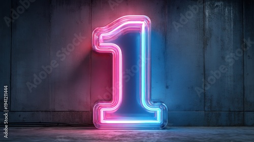 Neon number one on concrete wall