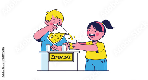 A blond boy is pouring yellow lemonade from a pitcher into a glass held by a smiling girl at a small stand on a white background, Generative AI.