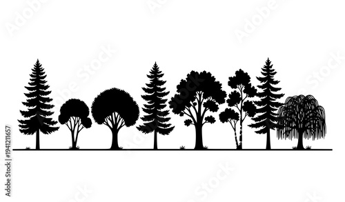 Forest Tree Silhouette Landscape Vector with Mixed Woodland Trees on White Background